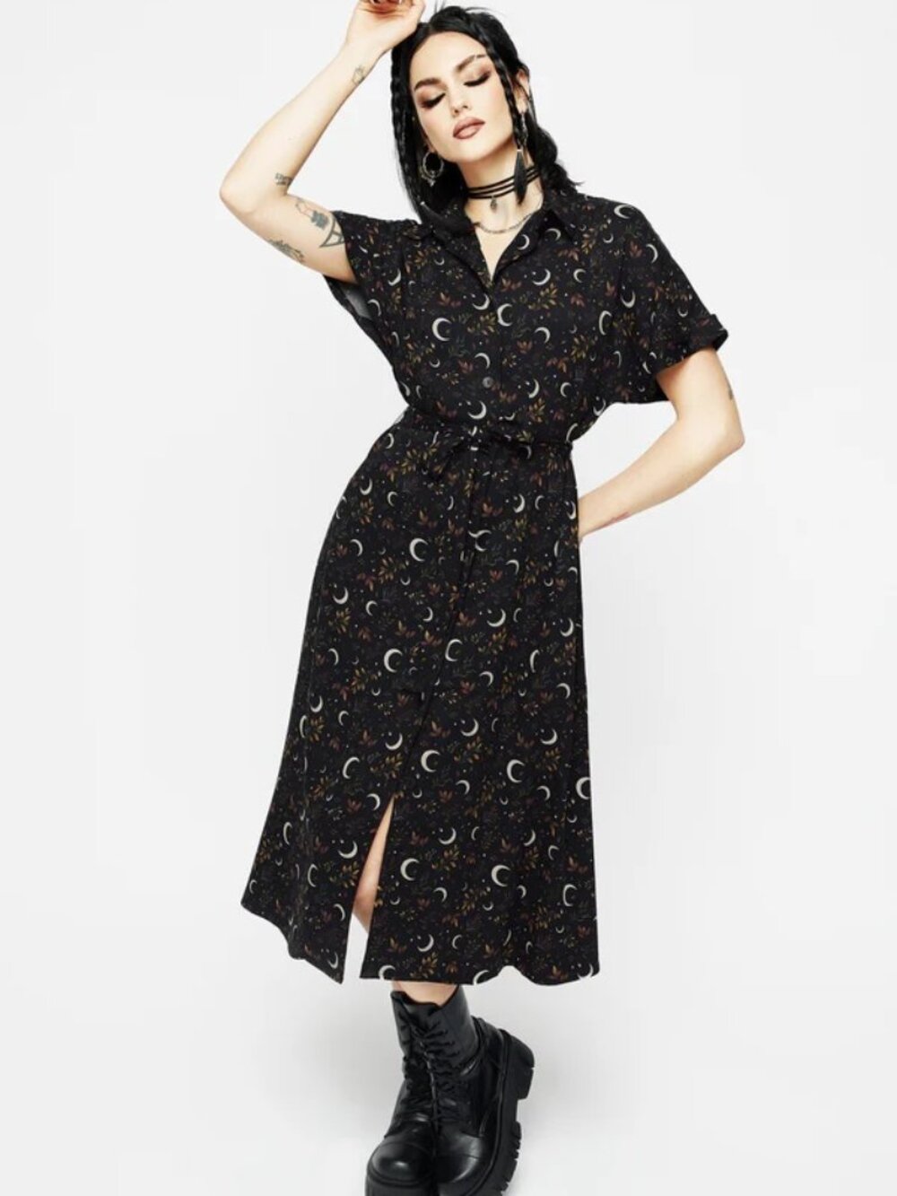 Disturbia Sickle Moon Midi Shirt Dress 8 Black Leaf Print Gothic Green Witch